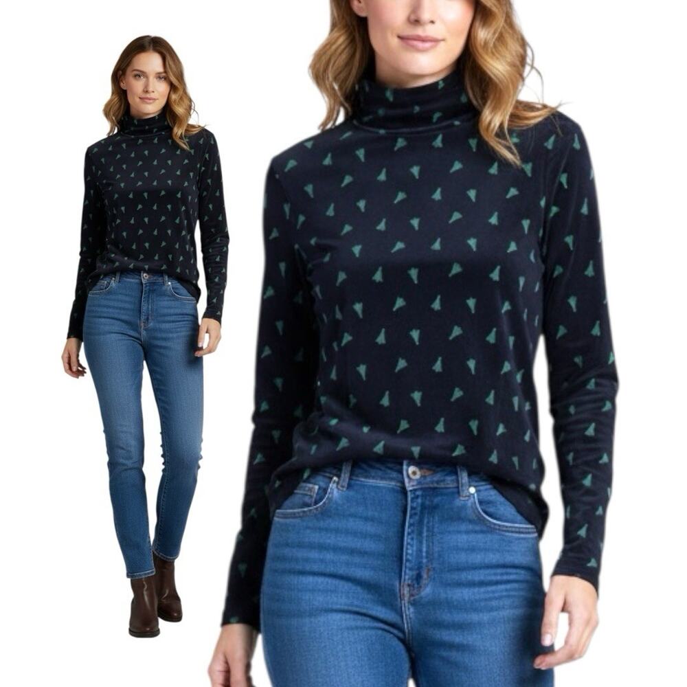 Cynthia Crowley Turtle Neck Navy Blue w/ Green Christmas‎ Trees Size XS-NWT